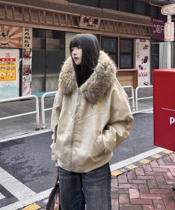Heavyweight PU Leather Vintage Fur Collar Jacket for Women, Fleece Lined Cotton Coat, Casual Mountain Style Hoodie