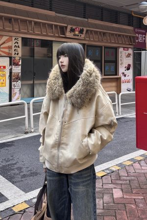 Heavyweight PU Leather Vintage Fur Collar Jacket for Women, Fleece Lined Cotton Coat, Casual Mountain Style Hoodie