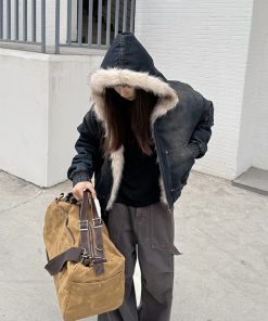 Heavyweight Water-Washed Vintage Mountain Fur Collar Jacket for Men & Women - Thick Denim Cotton Winter Coat, High Street Style