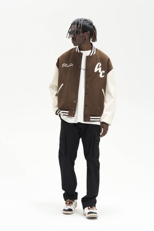Heavyweight Wool and Leather Baseball Jacket in Retro American College Style - Harsh Street Style Fashion