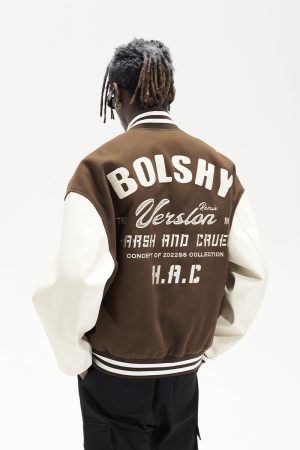 Heavyweight Wool and Leather Baseball Jacket in Retro American College Style - Harsh Street Style Fashion