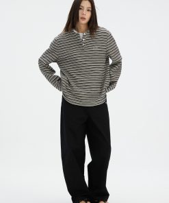 Henry Striped Long Sleeve T-Shirt for Spring Autumn - Casual Unisex Top with Button Detail and Round Neck - 90s Style Fashion