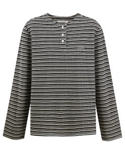 Henry Striped Long Sleeve T-Shirt for Spring Autumn - Casual Unisex Top with Button Detail and Round Neck - 90s Style Fashion