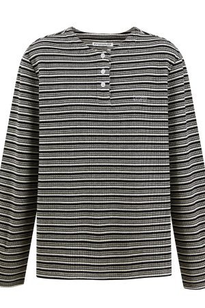 Henry Striped Long Sleeve T-Shirt for Spring Autumn - Casual Unisex Top with Button Detail and Round Neck - 90s Style Fashion