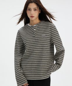 Henry Striped Long Sleeve T-Shirt for Spring Autumn - Casual Unisex Top with Button Detail and Round Neck - 90s Style Fashion