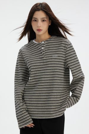 Henry Striped Long Sleeve T-Shirt for Spring Autumn - Casual Unisex Top with Button Detail and Round Neck - 90s Style Fashion
