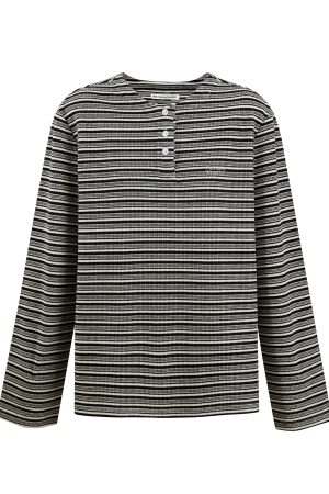 Henry Striped Long Sleeve T-Shirt for Spring Autumn - Casual Unisex Top with Button Detail and Round Neck - 90s Style Fashion