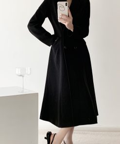 Hepburn-Style Black Wool Coat for Women, Elegant Long Waist-Cinching Thick Overcoat, Slimming High-End Fashion 90s Inspired