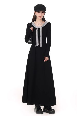 Hepburn-Style Color-Block Patchwork Hooded Dress for Women - 2025 Spring Collection, Waist-Cinching, Slimming, Elegant Long Dress