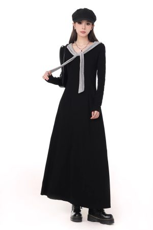 Hepburn-Style Color-Block Patchwork Hooded Dress for Women - 2025 Spring Collection, Waist-Cinching, Slimming, Elegant Long Dress