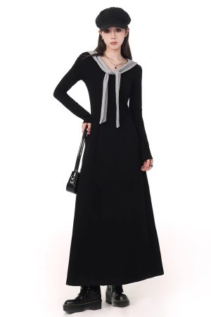 Hepburn-Style Color-Block Patchwork Hooded Dress for Women - 2025 Spring Collection, Waist-Cinching, Slimming, Elegant Long Dress