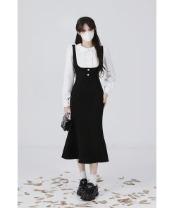 Hepburn-Style Two-Piece Shirt Dress for Women, Waist-Cinching Fishtail Design, Elegant Spring 2025 Fashion, Vintage-Inspired 90s Look