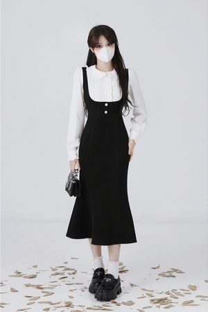 Hepburn-Style Two-Piece Shirt Dress for Women, Waist-Cinching Fishtail Design, Elegant Spring 2025 Fashion, Vintage-Inspired 90s Look