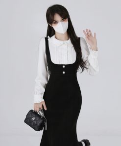 Hepburn-Style Two-Piece Shirt Dress for Women, Waist-Cinching Fishtail Design, Elegant Spring 2025 Fashion, Vintage-Inspired 90s Look