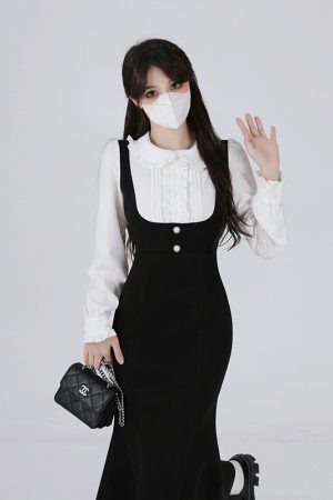 Hepburn-Style Two-Piece Shirt Dress for Women, Waist-Cinching Fishtail Design, Elegant Spring 2025 Fashion, Vintage-Inspired 90s Look