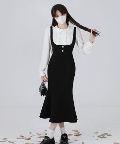 Hepburn-Style Two-Piece Shirt Dress for Women, Waist-Cinching Fishtail Design, Elegant Spring 2025 Fashion, Vintage-Inspired 90s Look