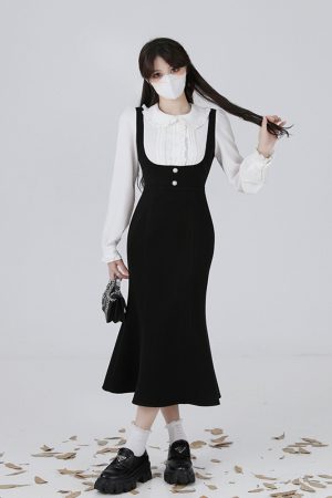 Hepburn-Style Two-Piece Shirt Dress for Women, Waist-Cinching Fishtail Design, Elegant Spring 2025 Fashion, Vintage-Inspired 90s Look