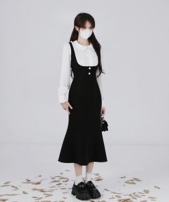 Hepburn-Style Two-Piece Shirt Dress for Women, Waist-Cinching Fishtail Design, Elegant Spring 2025 Fashion, Vintage-Inspired 90s Look