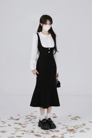 Hepburn-Style Two-Piece Shirt Dress for Women, Waist-Cinching Fishtail Design, Elegant Spring 2025 Fashion, Vintage-Inspired 90s Look