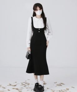 Hepburn-Style Two-Piece Shirt Dress for Women, Waist-Cinching Fishtail Design, Elegant Spring 2025 Fashion, Vintage-Inspired 90s Look