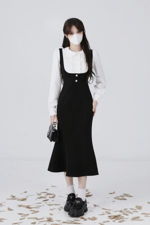 Hepburn-Style Two-Piece Shirt Dress for Women, Waist-Cinching Fishtail Design, Elegant Spring 2025 Fashion, Vintage-Inspired 90s Look