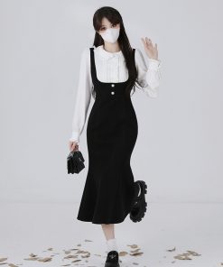 Hepburn-Style Two-Piece Shirt Dress for Women, Waist-Cinching Fishtail Design, Elegant Spring 2025 Fashion, Vintage-Inspired 90s Look