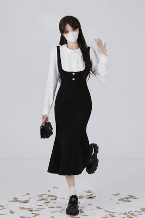Hepburn-Style Two-Piece Shirt Dress for Women, Waist-Cinching Fishtail Design, Elegant Spring 2025 Fashion, Vintage-Inspired 90s Look