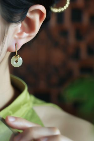 Hetian Jade and Pure Silver Ruyi Peace Buckle Earrings for Women - Natural Green Jade National Style Ear Accessories