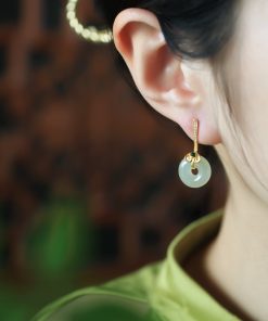 Hetian Jade and Pure Silver Ruyi Peace Buckle Earrings for Women - Natural Green Jade National Style Ear Accessories