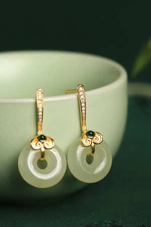 Hetian Jade and Pure Silver Ruyi Peace Buckle Earrings for Women - Natural Green Jade National Style Ear Accessories