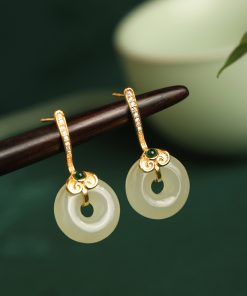 Hetian Jade and Pure Silver Ruyi Peace Buckle Earrings for Women - Natural Green Jade National Style Ear Accessories