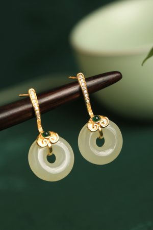 Hetian Jade and Pure Silver Ruyi Peace Buckle Earrings for Women - Natural Green Jade National Style Ear Accessories
