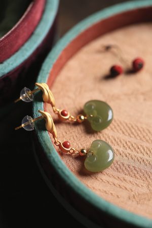 Hetian Jade Ruyi Peace Lock Dangle Earrings - Vintage Inspired Pure Silver Chinese Style Jewelry for Women