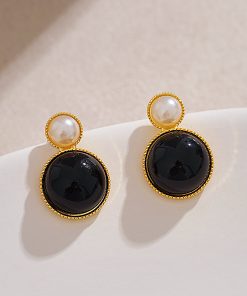 High-End Black Round Stud Earrings with Unique Design, Retro Hong Kong Style, Pearl Gemstone Accents