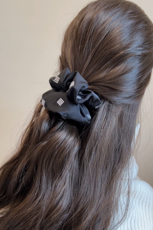 High-End Black Satin Ribbon Hair Tie with Sparkling Diamonds - Korean Imported Jewelry Hair Accessory