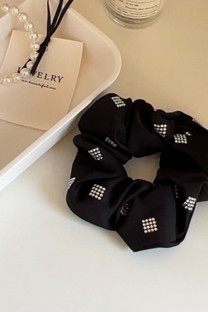 High-End Black Satin Ribbon Hair Tie with Sparkling Diamonds - Korean Imported Jewelry Hair Accessory