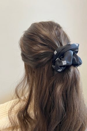 High-End Black Satin Ribbon Hair Tie with Sparkling Diamonds - Korean Imported Jewelry Hair Accessory