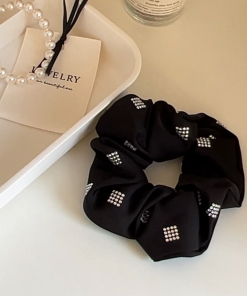 High-End Black Satin Ribbon Hair Tie with Sparkling Diamonds - Korean Imported Jewelry Hair Accessory