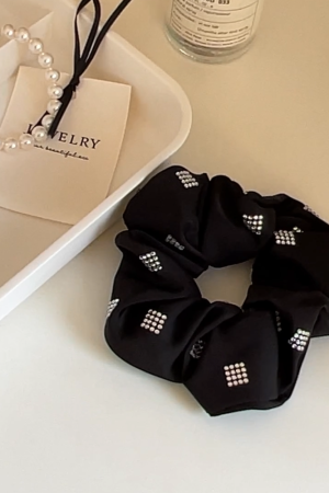 High-End Black Satin Ribbon Hair Tie with Sparkling Diamonds - Korean Imported Jewelry Hair Accessory