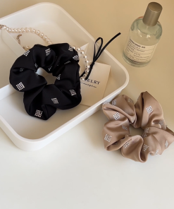 High-End Black Satin Ribbon Hair Tie with Sparkling Diamonds - Korean Imported Jewelry Hair Accessory