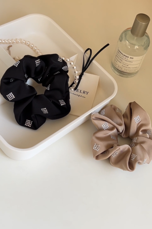 High-End Black Satin Ribbon Hair Tie with Sparkling Diamonds - Korean Imported Jewelry Hair Accessory