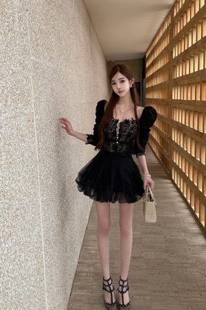 High-End Black Tulle Puff Skirt for Women - Socialite Style, Elegant Short Design, Perfect for 90s and Y2K Fashion