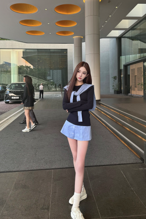 High-End British Campus Style Summer Two-Piece Slim Fit Shawl Top and Skirt Set for Girls