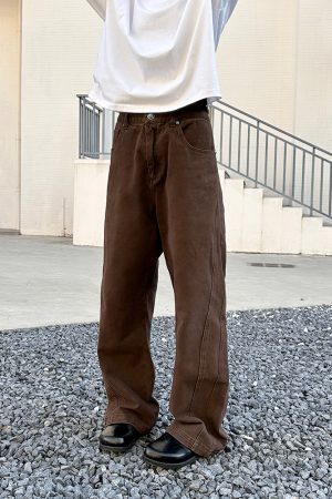 High-End Brown Melange Cleanfit Jeans for Men - American Straight Slim Fit, Trendy Cool Style, Perfect for Y2K Fashion