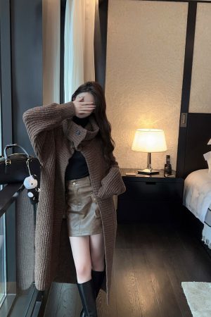 High-End Brown PU Leather Mini Skirt - Vintage A-Line Workwear, High-Waisted, Chic 90s Style