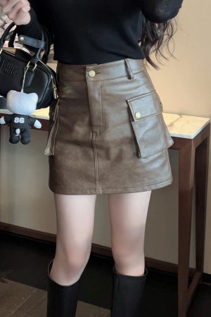 High-End Brown PU Leather Mini Skirt - Vintage A-Line Workwear, High-Waisted, Chic 90s Style