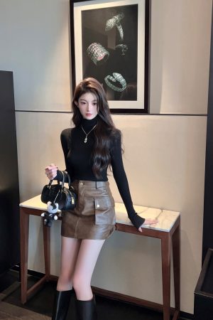 High-End Brown PU Leather Mini Skirt - Vintage A-Line Workwear, High-Waisted, Chic 90s Style