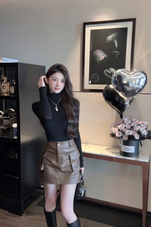 High-End Brown PU Leather Mini Skirt - Vintage A-Line Workwear, High-Waisted, Chic 90s Style