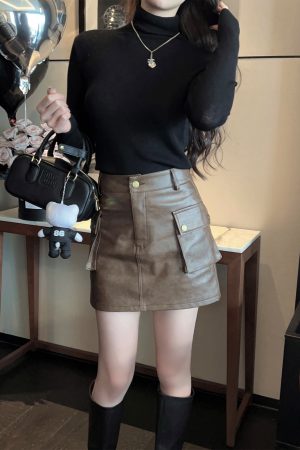 High-End Brown PU Leather Mini Skirt - Vintage A-Line Workwear, High-Waisted, Chic 90s Style