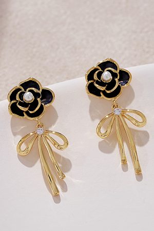 High-End Camellia Flower Stud Earrings with Golden Bow Tassel Drops, Slim Elegant Design, Fairy-Inspired Fashion Jewelry